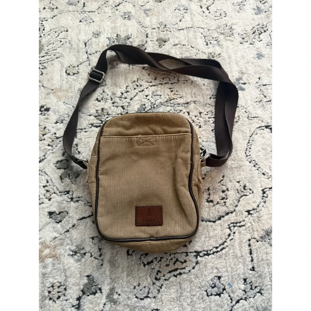 Vintage Y2K American Eagle Unisex Corduroy Crossbody Purse Bag Brown Boho